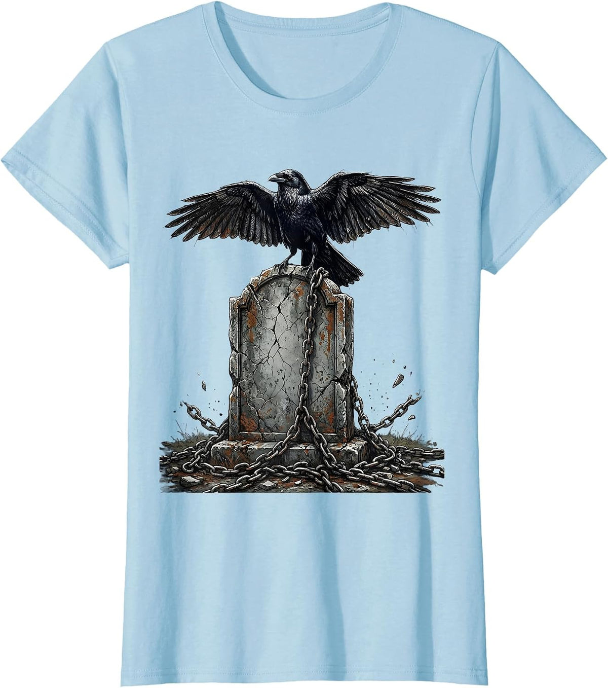 Goth Raven Grave Broken Chains Dark Art Design T-Shirt - Baby Blue