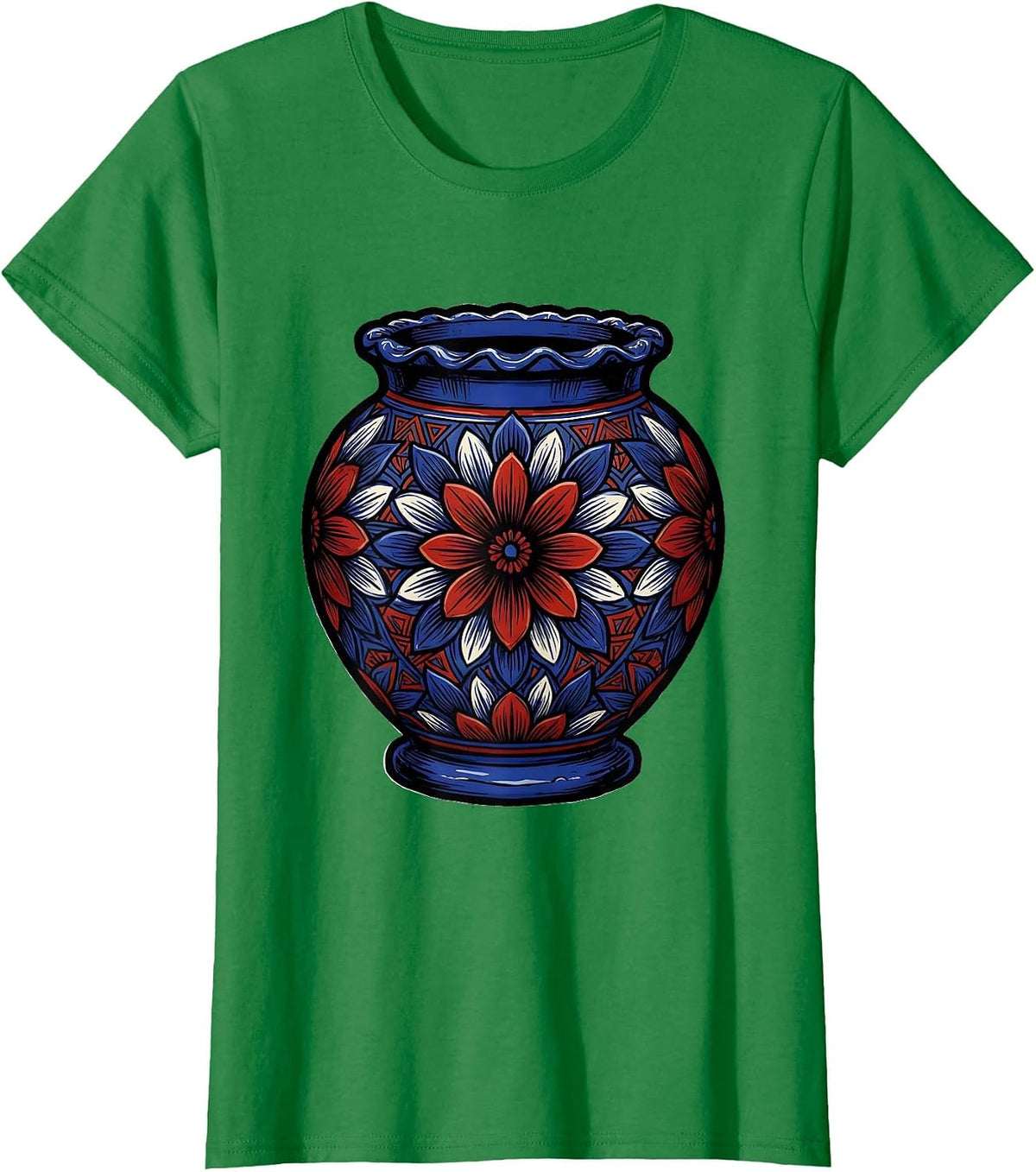 Women's Mexican Talavera Floral Ceramic Pot Illustration T-Shirt - Kelly Green