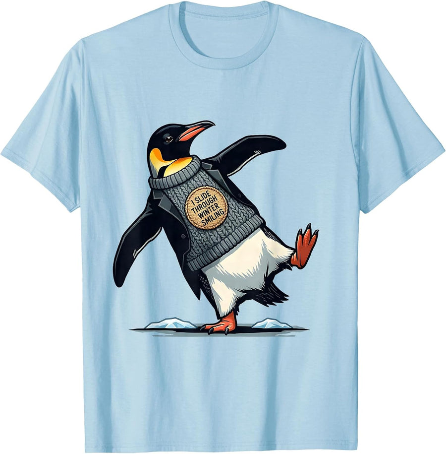 Men's I Slide Through Winter Smiling Funny Penguin Lover Novelty T-Shirt - Baby Blue