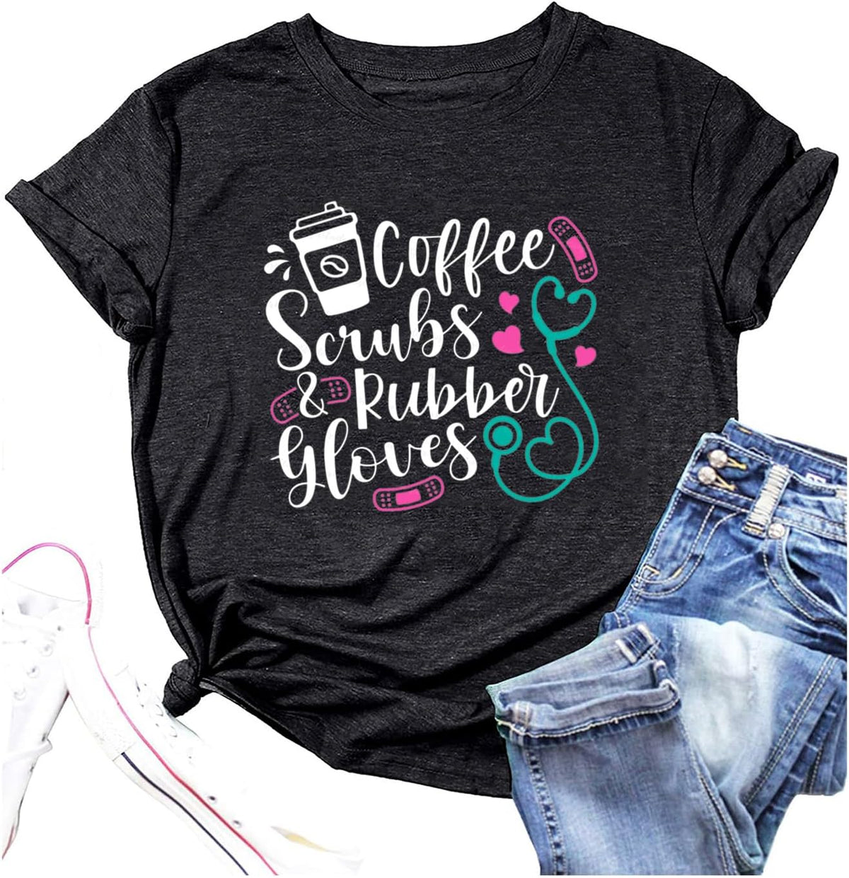 TSIIUO Women's Nurse Life Coffee T-Shirt Coffee Scrubs and Rubber Gloves Shirt Funny Gifts Casual Short Sleeve Tee Tops -
