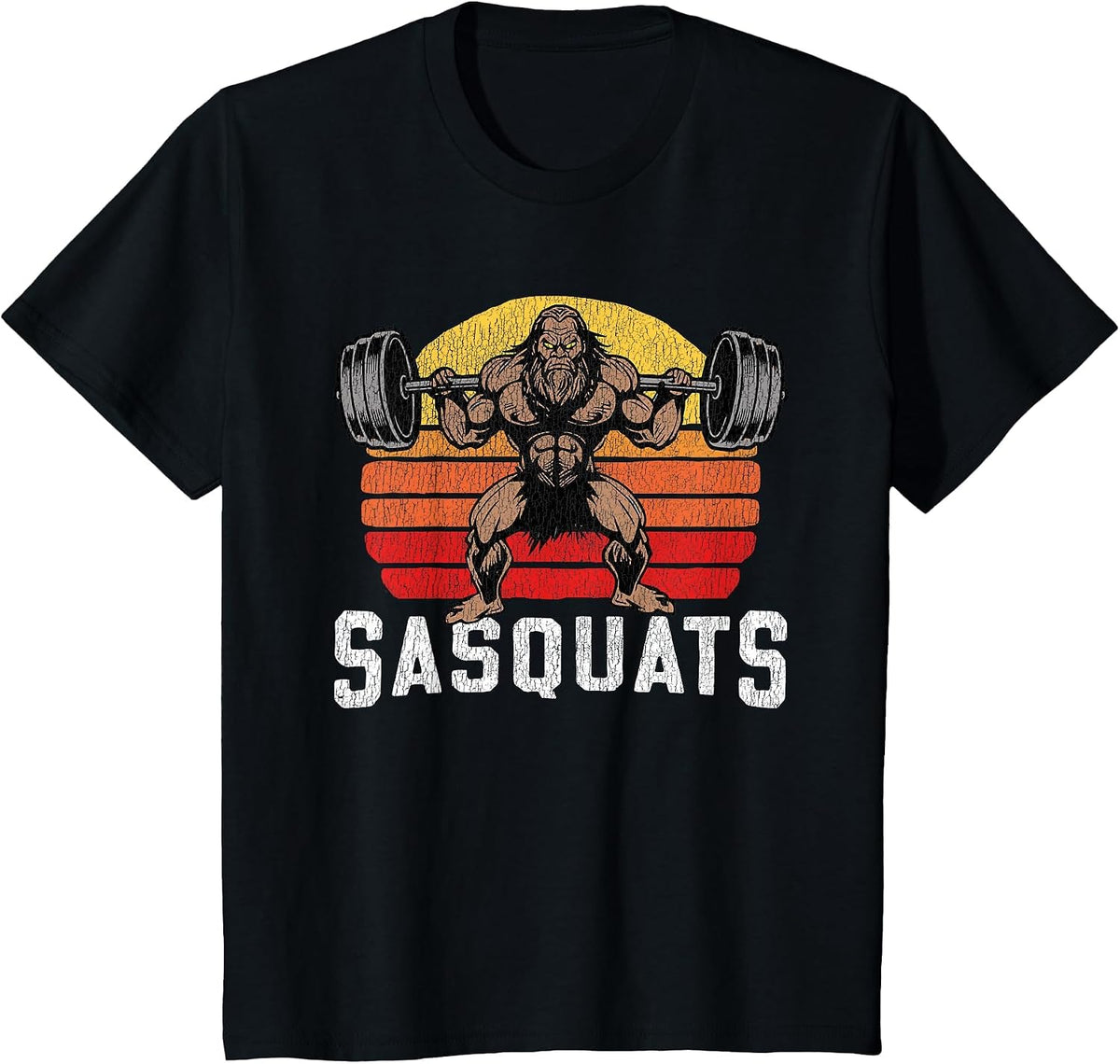 Sasquats Leg Day Weightlifting Bigfoot Squat Distressed 80s T-Shirt - Black