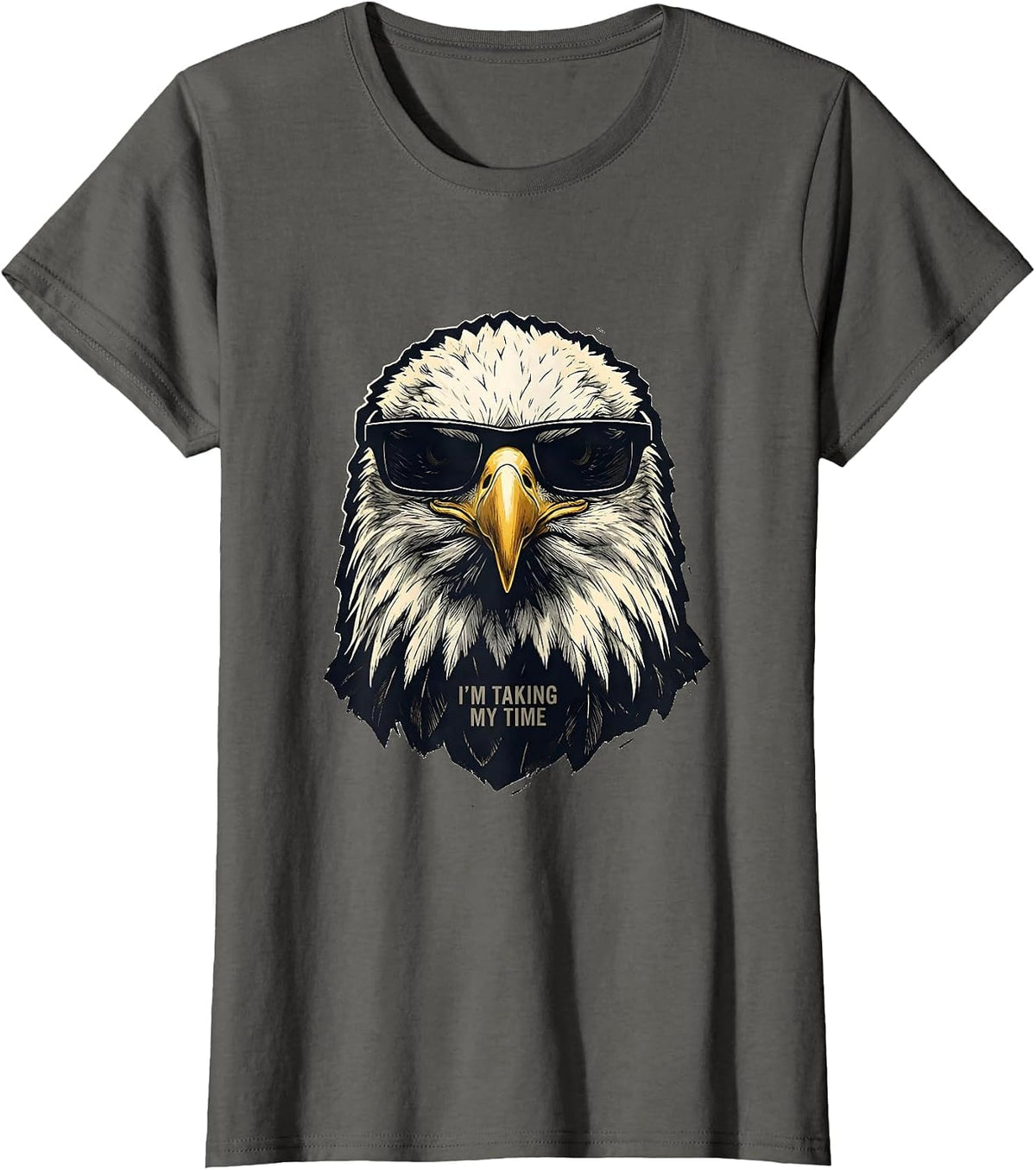 Women's I'm Taking My Time Linocut Bald Eagle Sunglasses Funny T-Shirt - Asphalt Grey