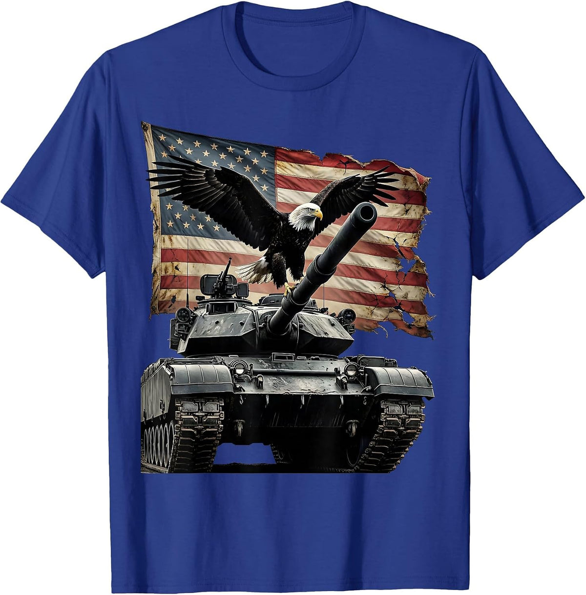 Bald Eagle Perched on Tank Barrel Patriotic Art T-Shirt - Royal Blue