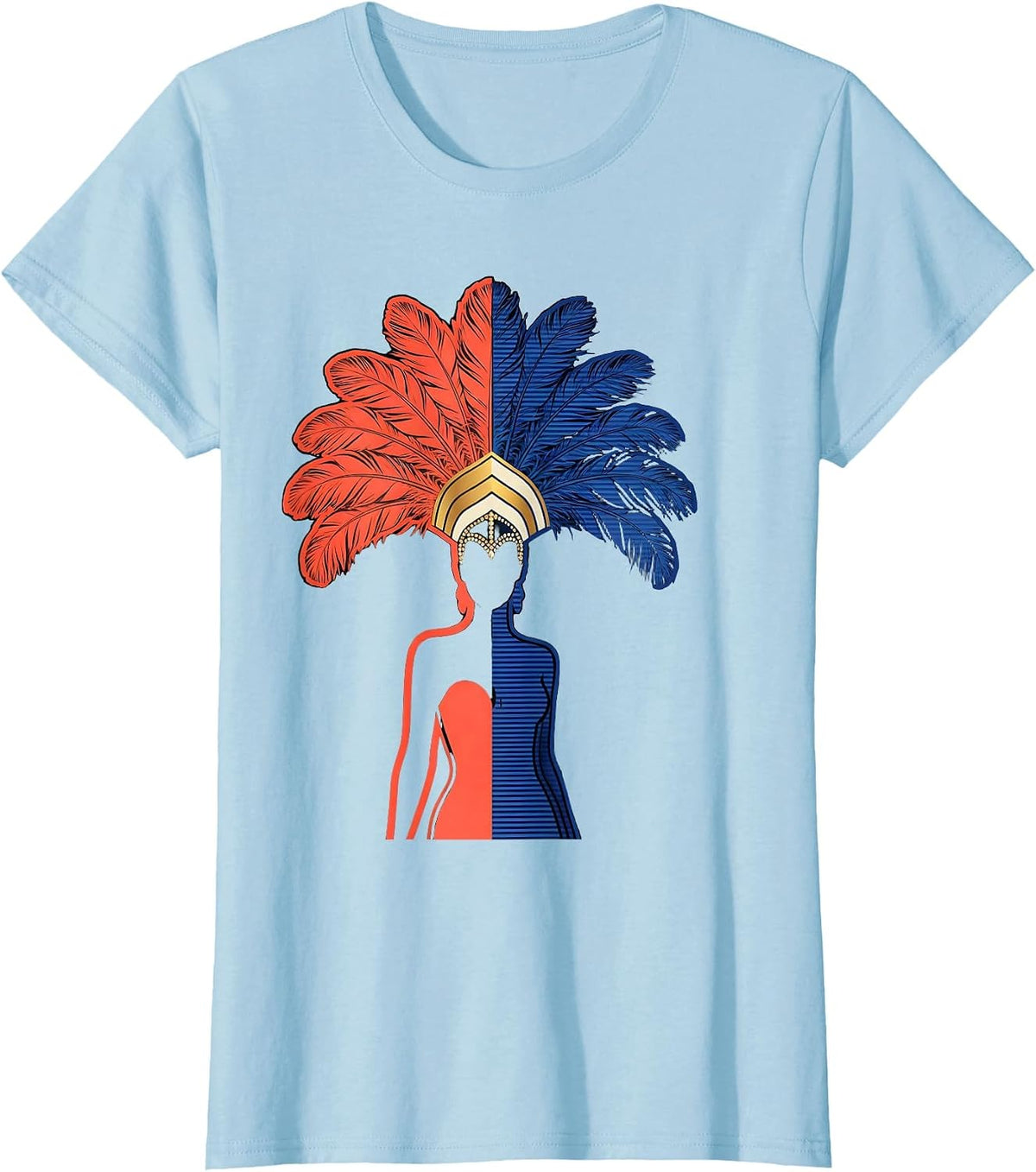 Showgirl Silhouette Feathered Headdress Design T-Shirt - Baby Blue