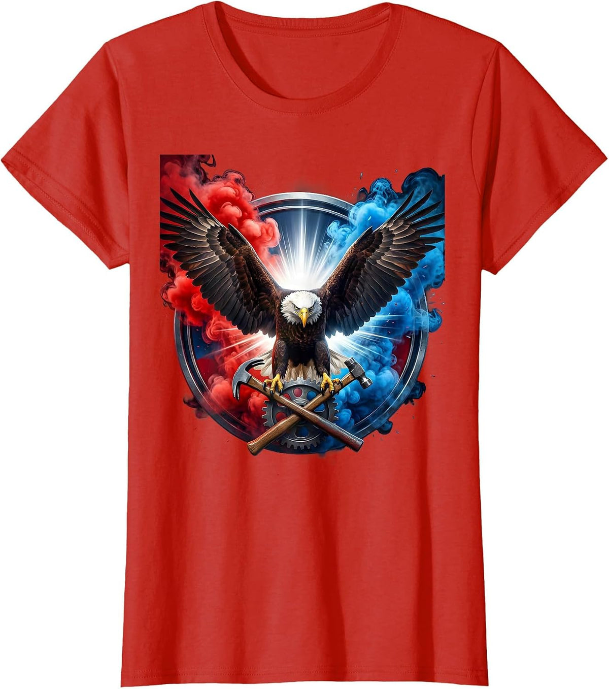 Women's Patriotic Bald Eagle Gear and Hammer Graphic T-Shirt - Red