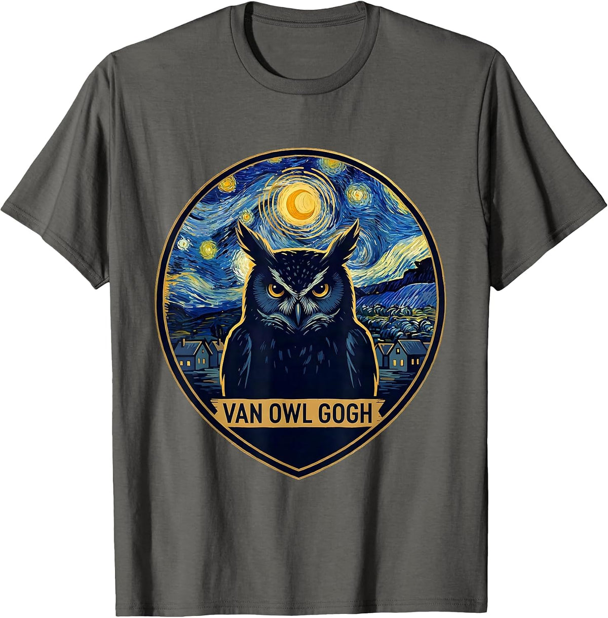 Van Owl Gogh Whimsical Art Meme Owl Lover Gift T-Shirt - Asphalt Grey