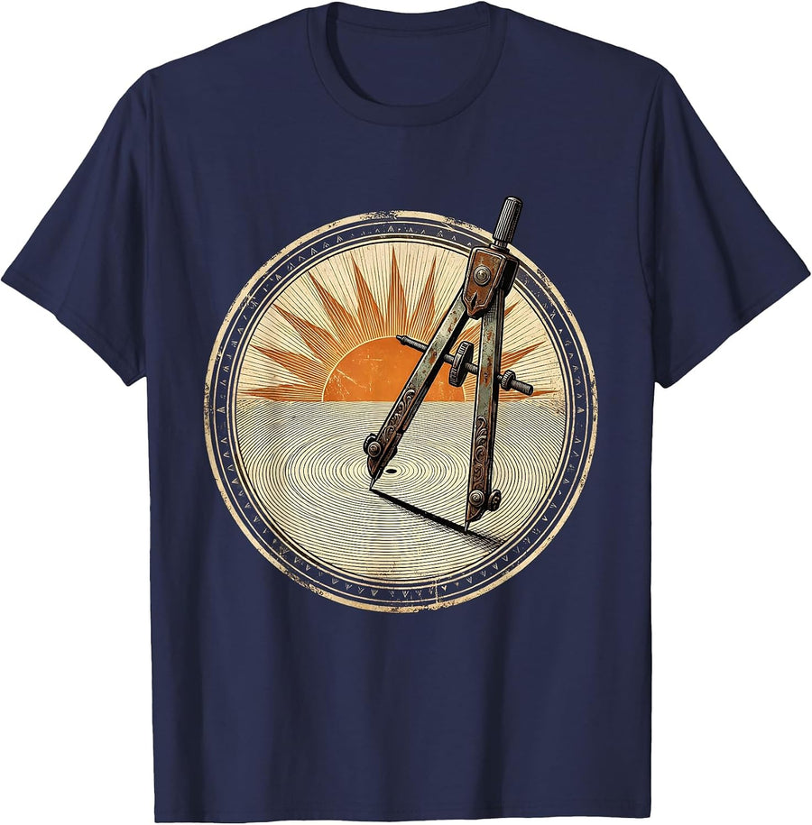 Math Teacher Compass Sunrise Graphic T-Shirt - Navy Blue