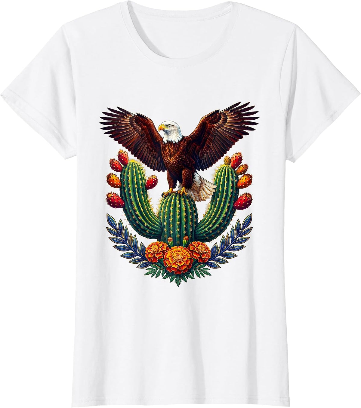 Mexican American Bald Eagle Nopal Cactus Design T-Shirt - White