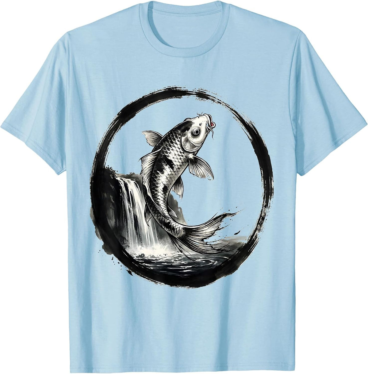 Men's White Koi Fish Leaping Waterfall Freedom Design T-Shirt - Baby Blue