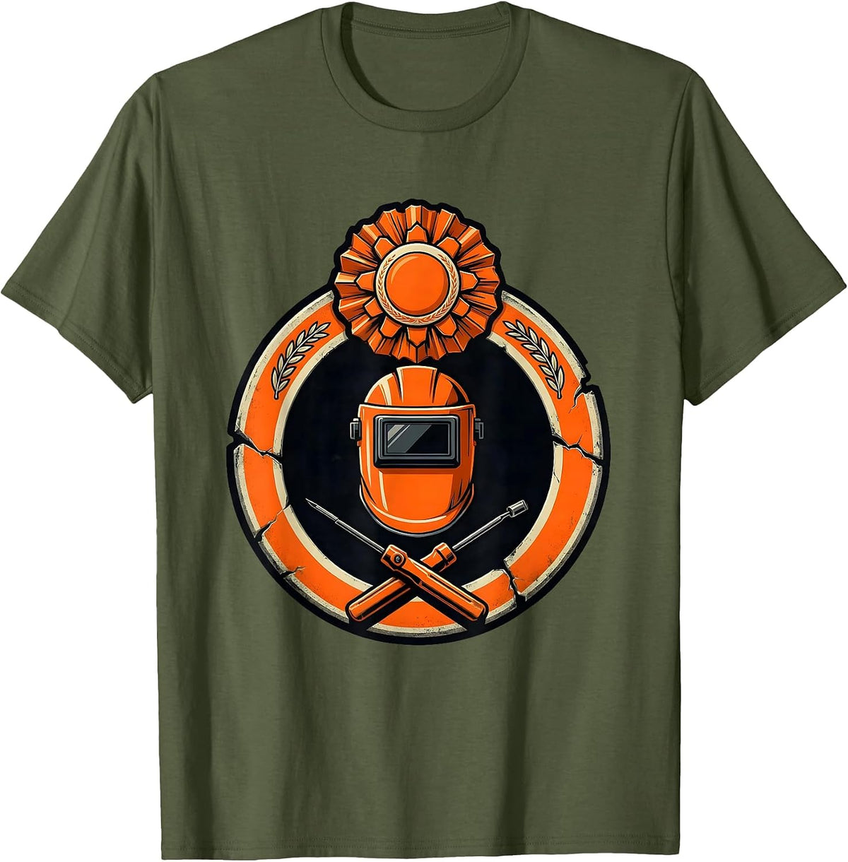 Men's Sealed Welding Helmet Emblem Funny Construction Worker Gag T-Shirt - Olive Green