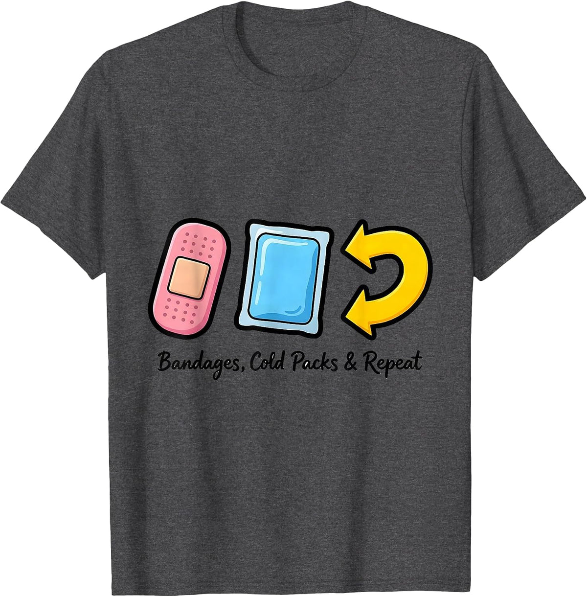 Men's Bandages Cold Packs Repeat Funny School Nurse Welcome Back T-Shirt - Dark Heather Grey