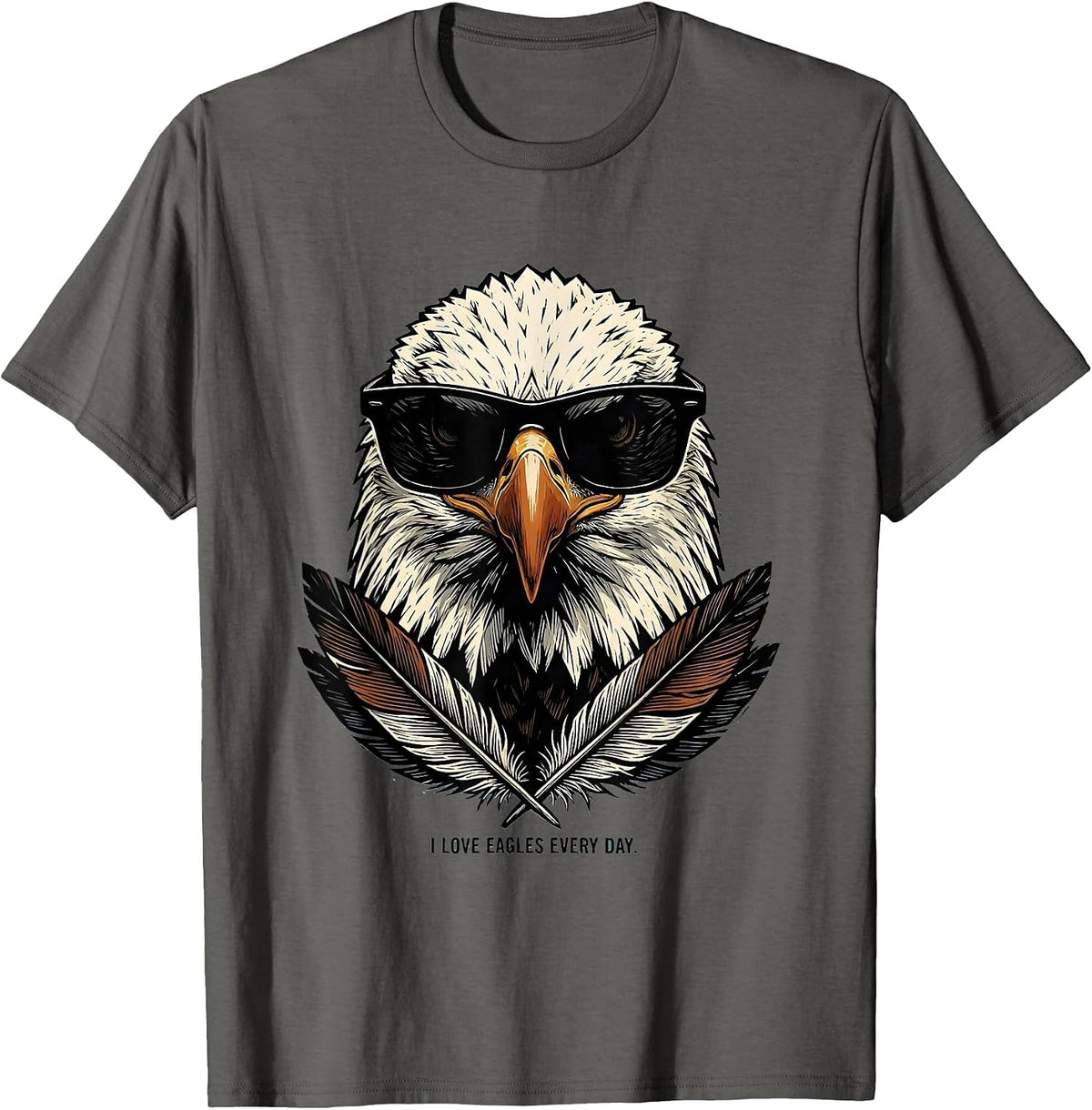 Men's I Love Eagles Every Day Funny Bald Eagle Sunglasses Linocut T-Shirt - Asphalt Grey