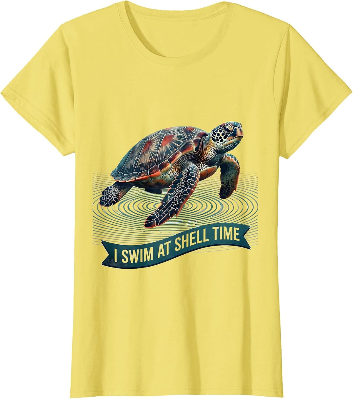 Women's I Swim At Shell Time Midcentury Modern Sea Turtle Ocean T-Shirt - Lemon Yellow