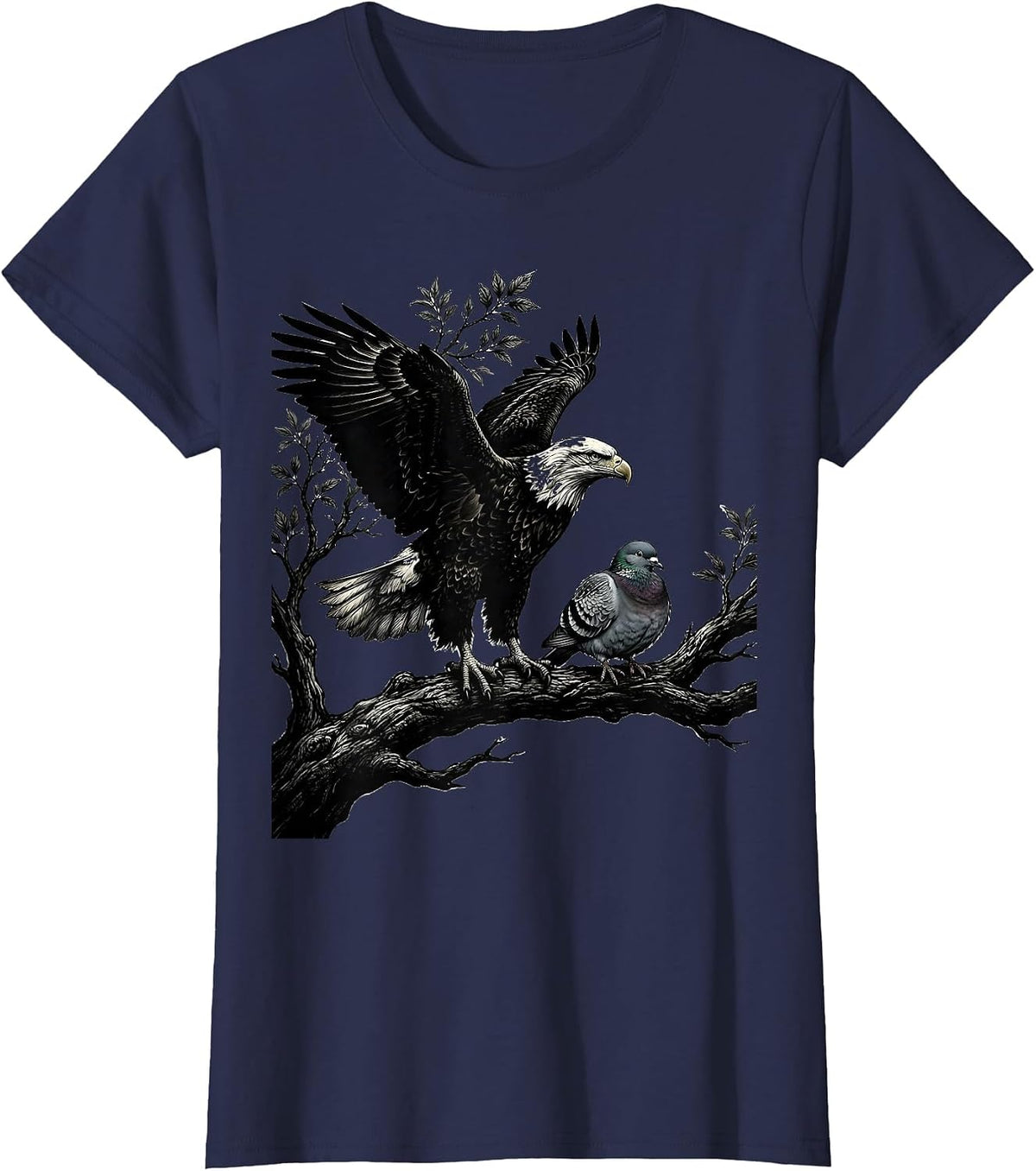Women's Bald Eagle and Dove Perched on Branch Mom Dad T-Shirt - Navy Blue