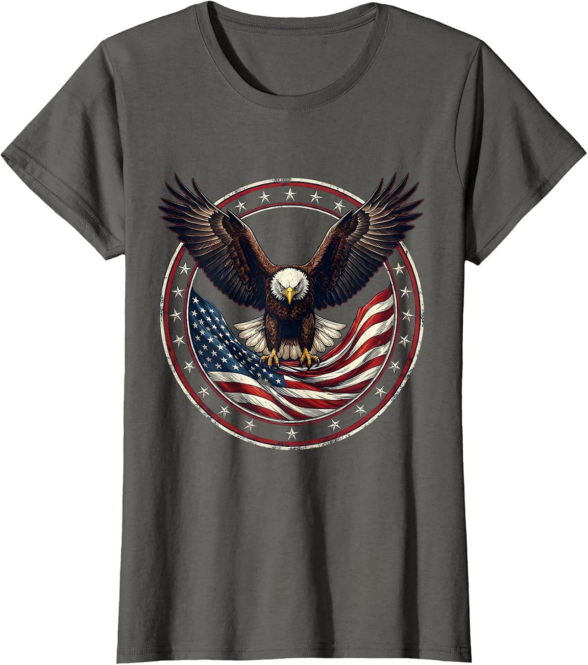 Women's Bald Eagle Soaring Over American Flag T-Shirt - Asphalt Grey