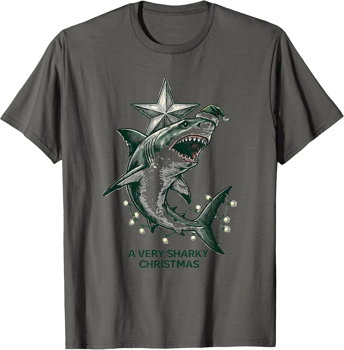 Men's A Very Sharky Christmas Funny Shark Santa Hat Holiday Lights T-Shirt - Asphalt Grey