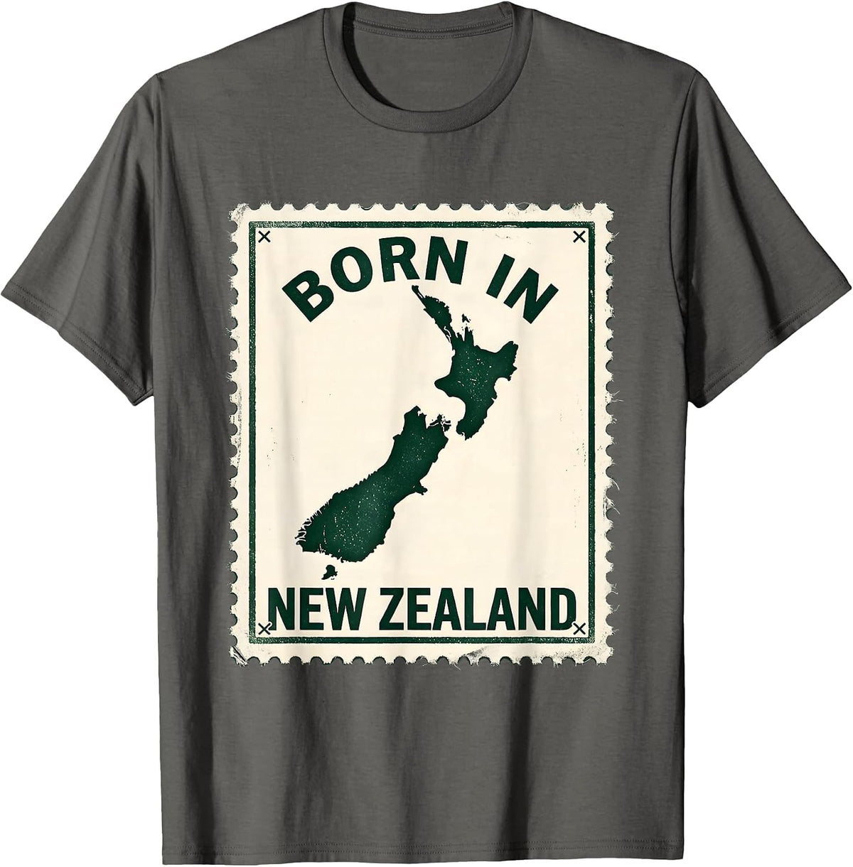 Men's Born In New Zealand Rubber Stamp Kiwi Map Rugby Pride T-Shirt - Asphalt Grey