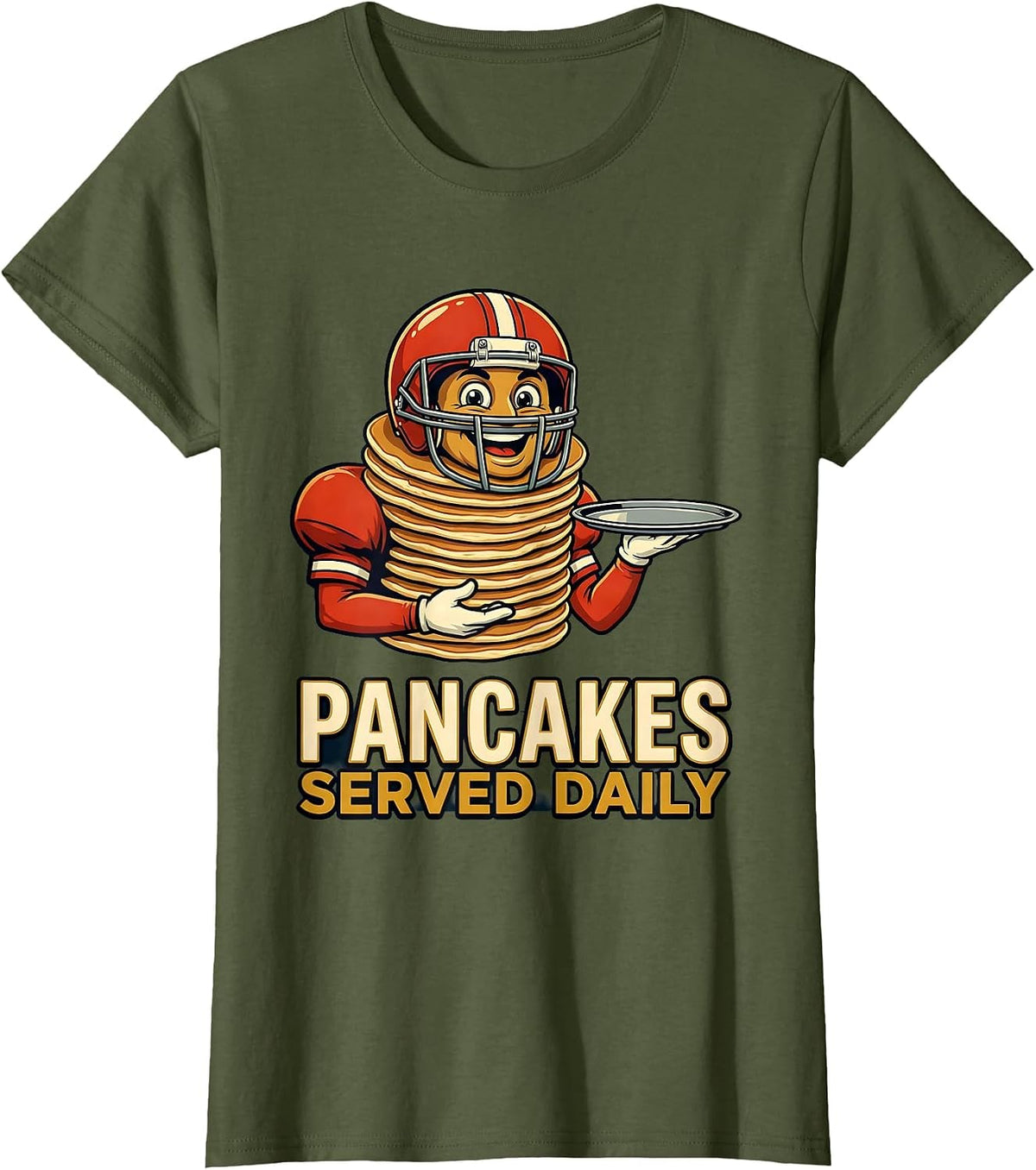 Women's Pancakes Served Daily Retro Advertising Football Lineman T-Shirt - Olive Green