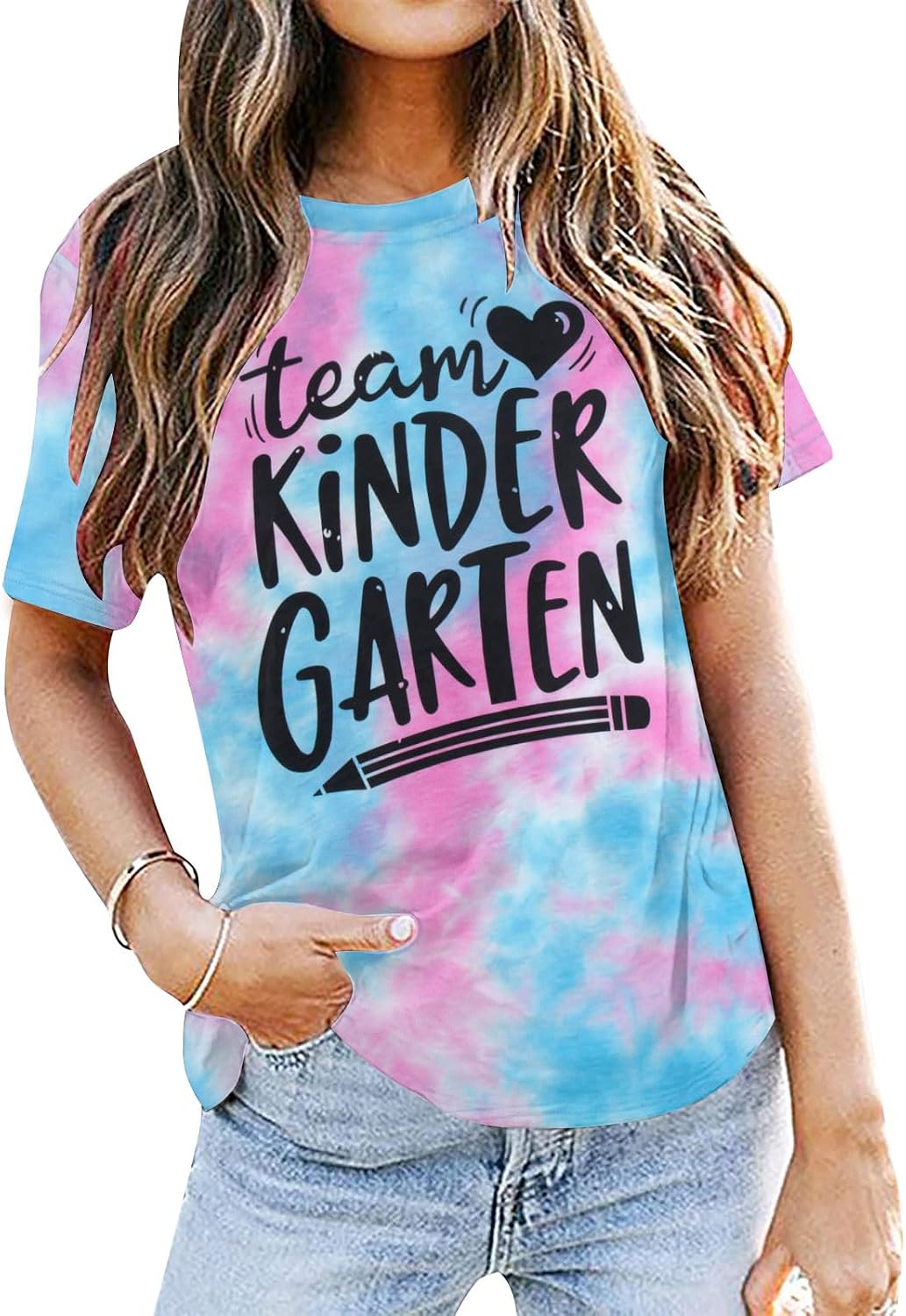 ALLTB Kindergarten Teacher Shirts Women First Day of School Shirt Teacher Life Floral Flower Tee Tops T-Shirt - Blue Pink