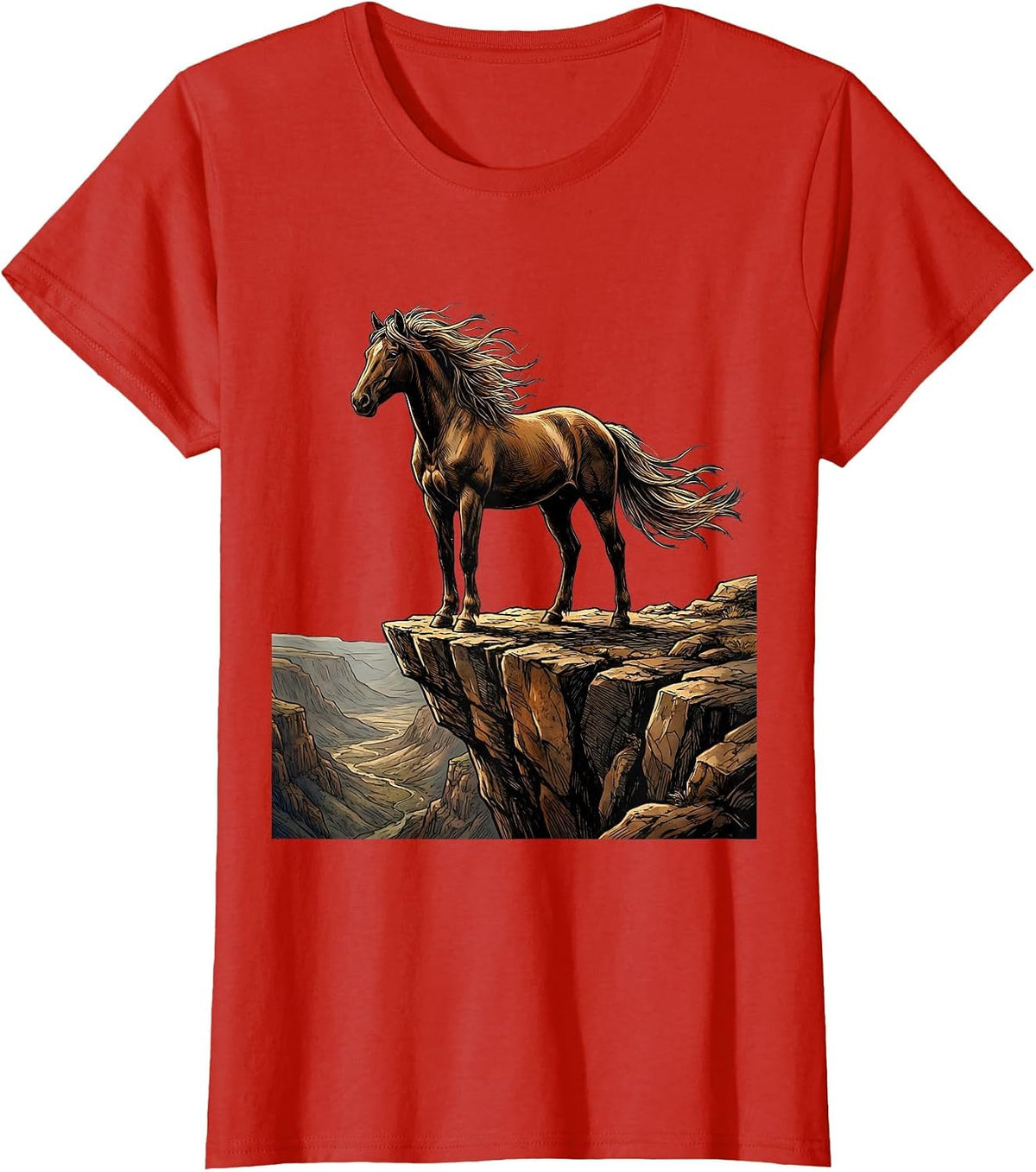Lone Horse on Cliff Edge Illustration T-Shirt - Red