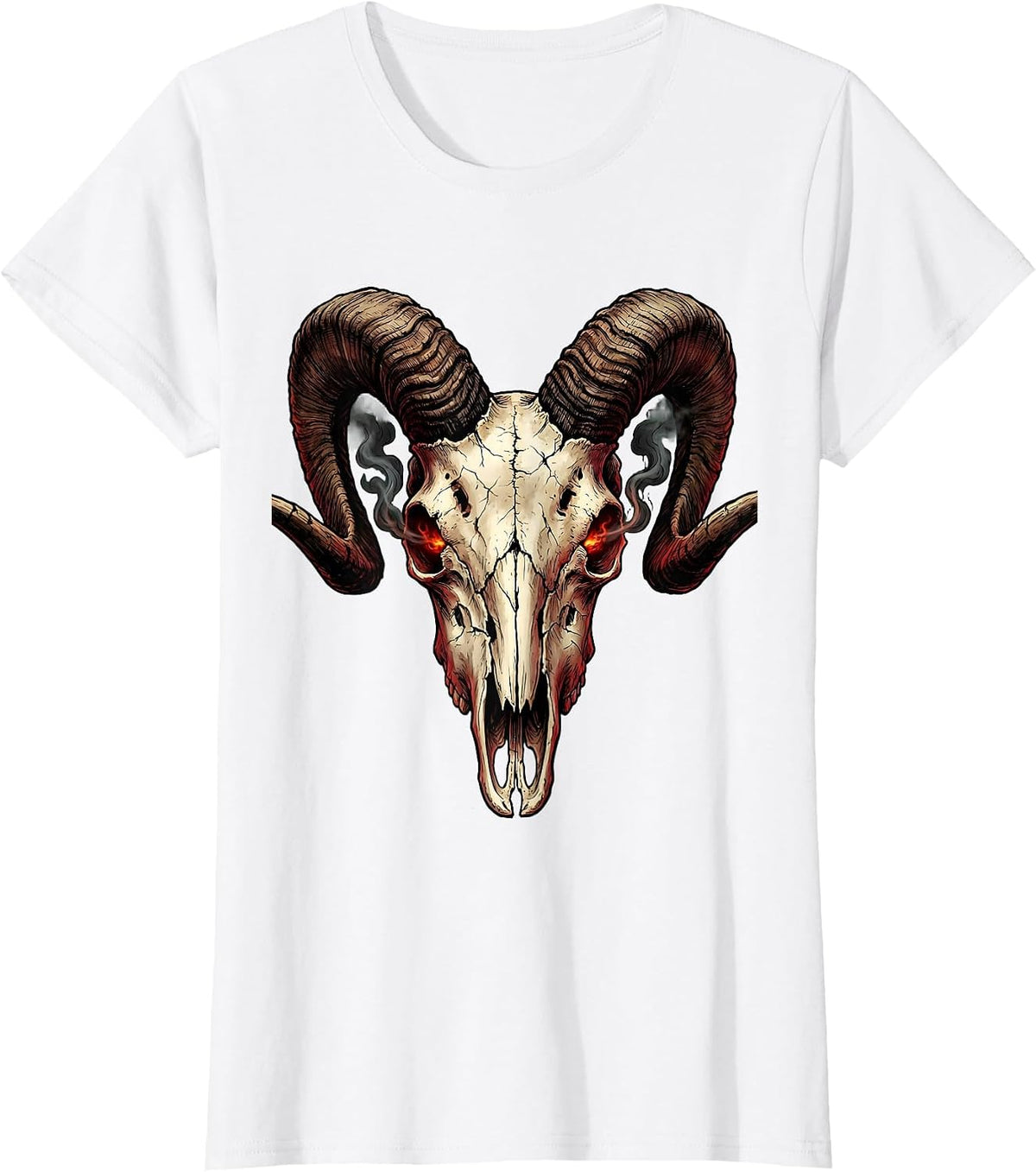 Demonic Goat Skull Glowing Eyes Heavy Metal Art T-Shirt - White