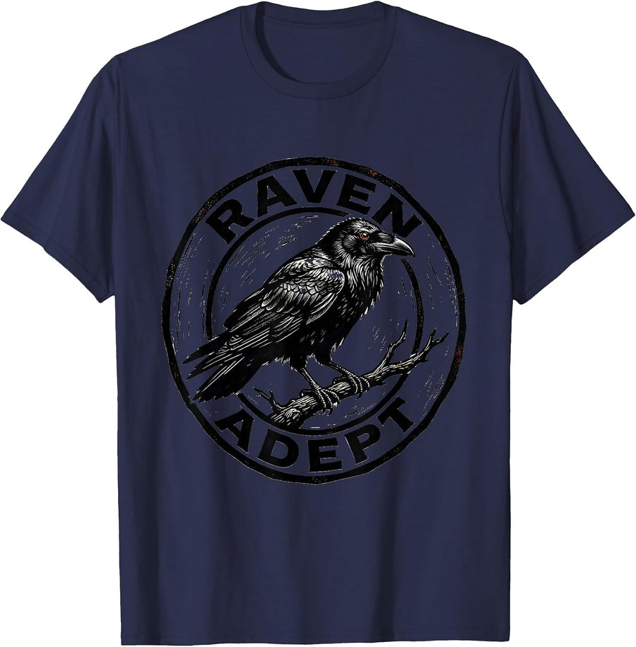 Raven Adept Linocut Gothic Bird Enthusiast Dark Humor T-Shirt - Navy Blue
