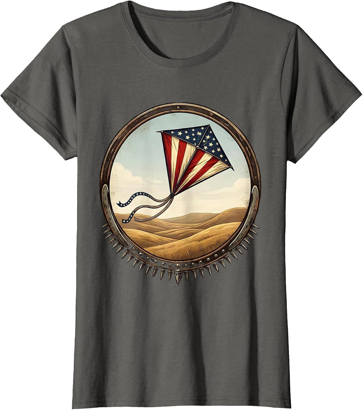 Women's Red White and Blue Kite Soaring Over Hills T-Shirt - Asphalt Grey