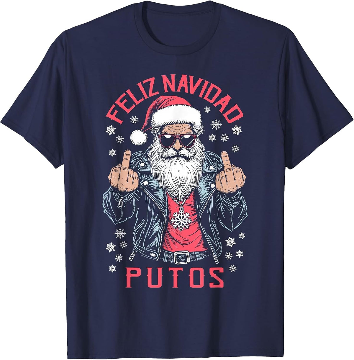 Feliz Navidad Putos Funny Rude Spanish Santa Middle Finger T-Shirt - Navy Blue