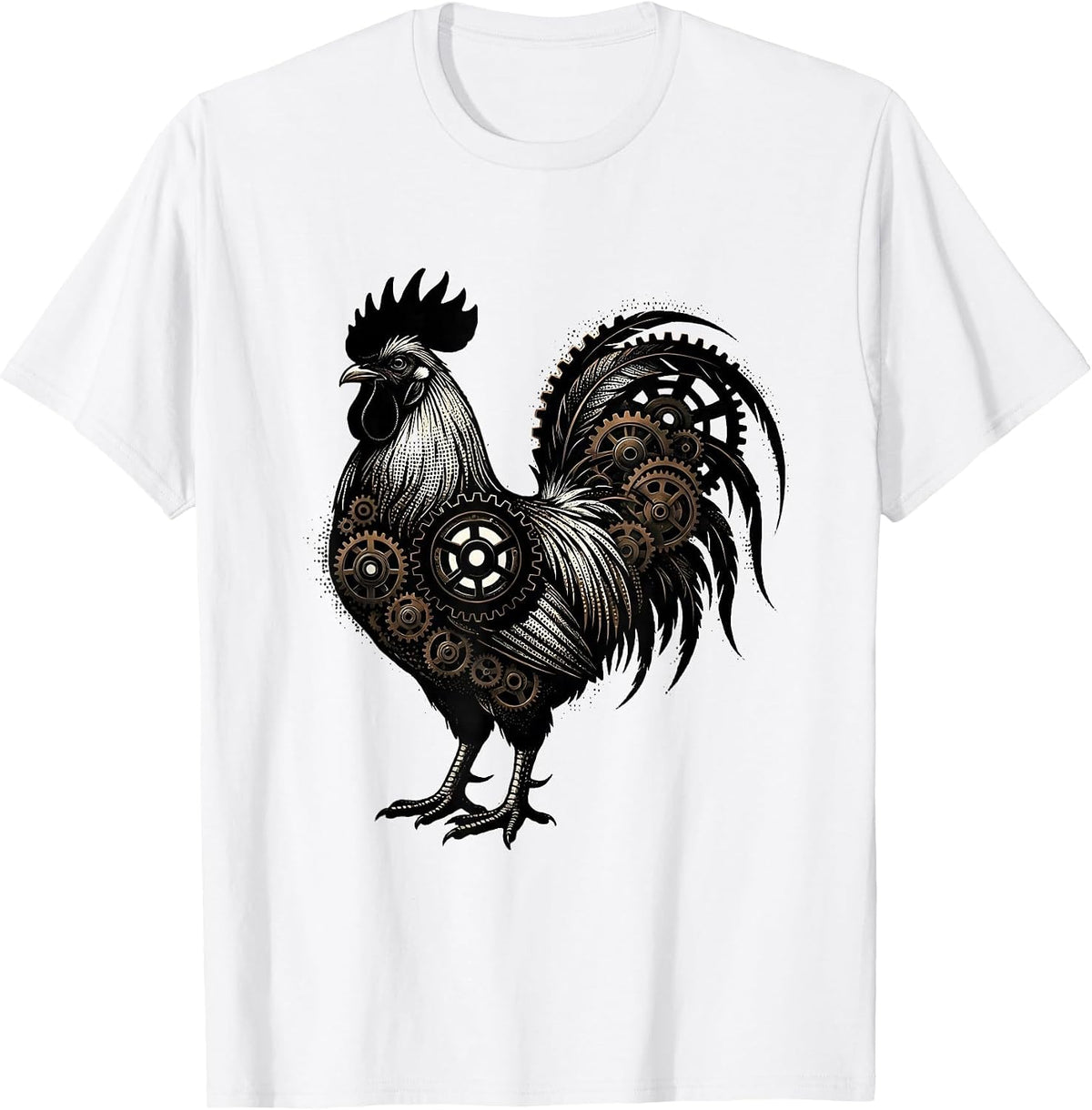 Men's Rooster Gear Illustration Mechanical Art Design T-Shirt - White