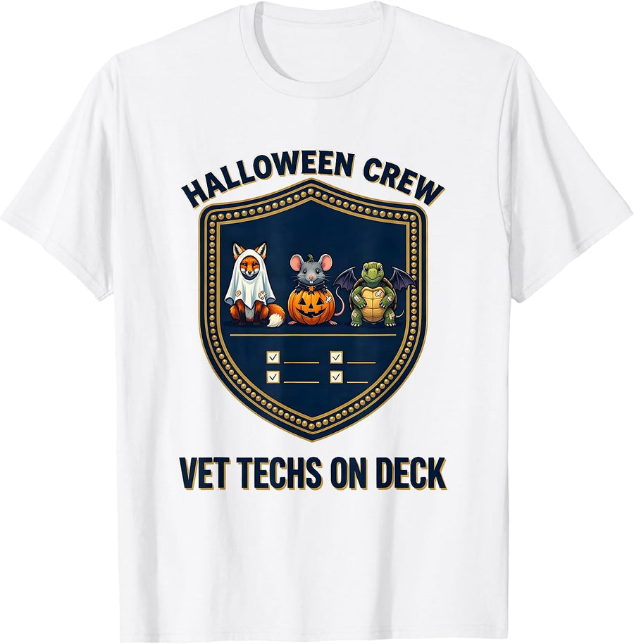 Men's Halloween Crew Vet Techs On Deck Whimsical Workplace Humor T-Shirt - White
