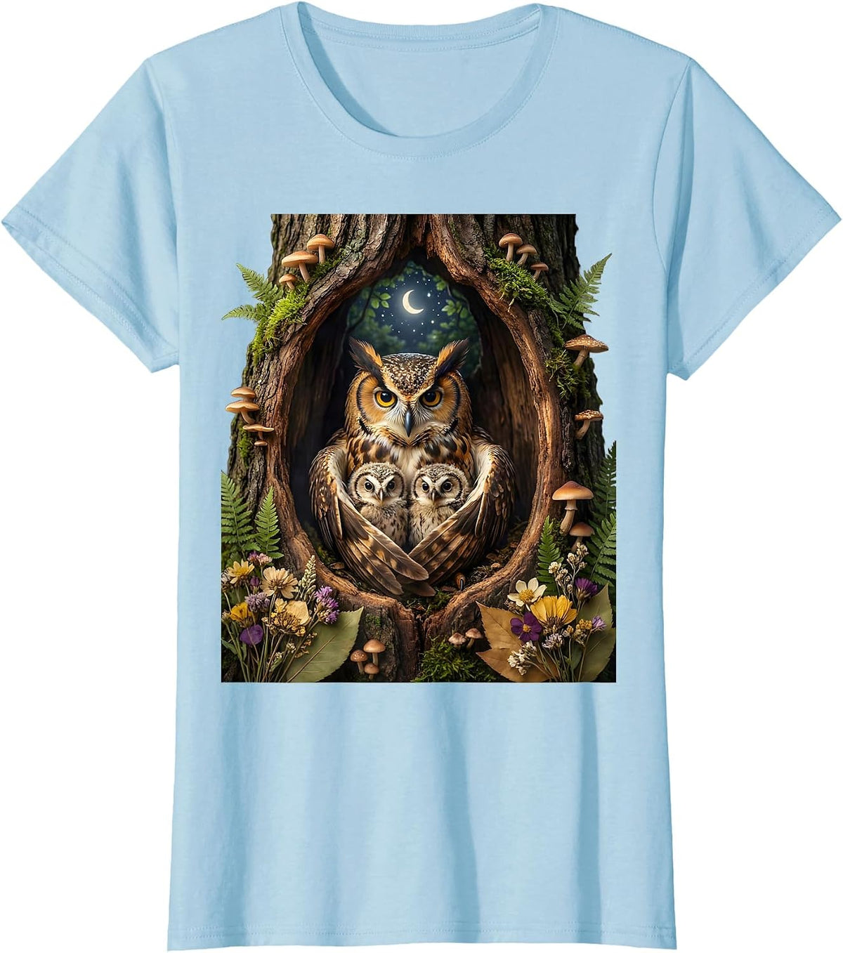 Mama Owl and Owlets in Hollow Tree Graphic T-Shirt - Baby Blue