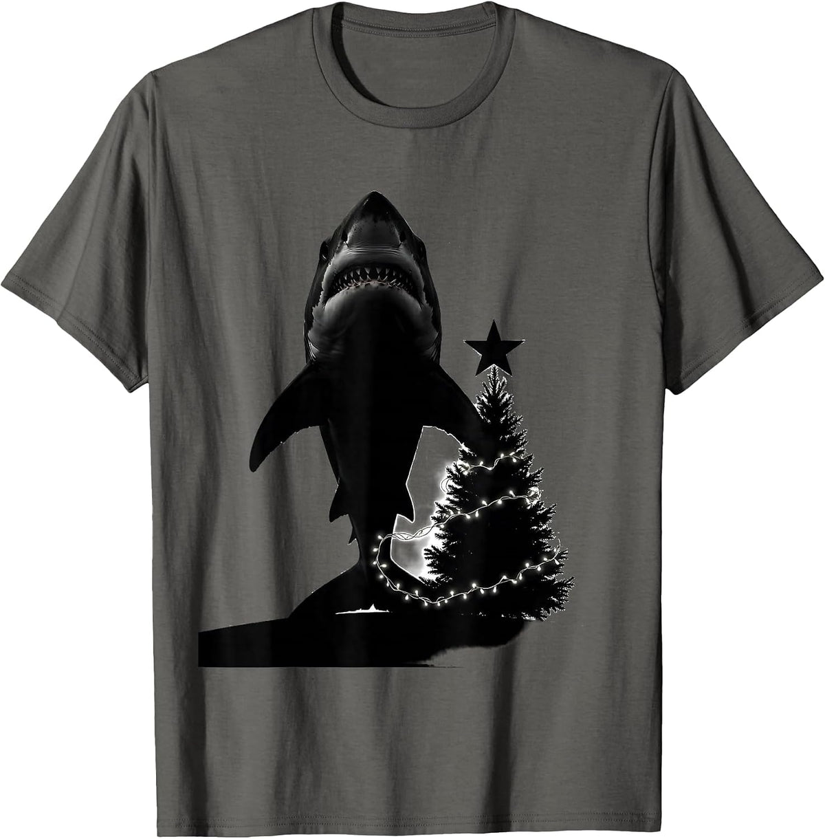 Men's Shark Silhouette Christmas Lights Star and Tree Funny T-Shirt - Asphalt Grey