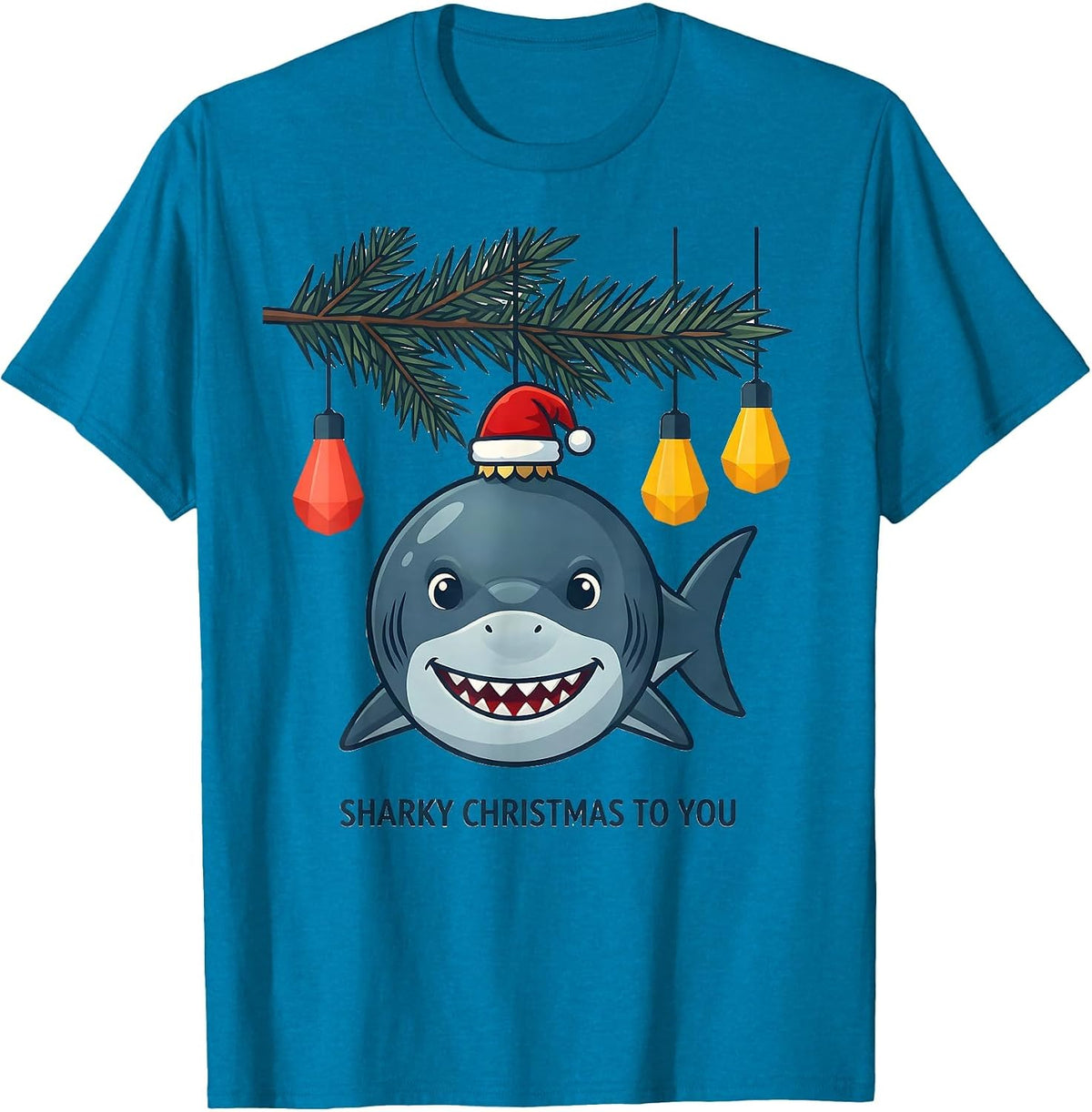 Sharky Christmas To You Funny Shark Santa Hat Christmas T-Shirt - Sapphire Blue
