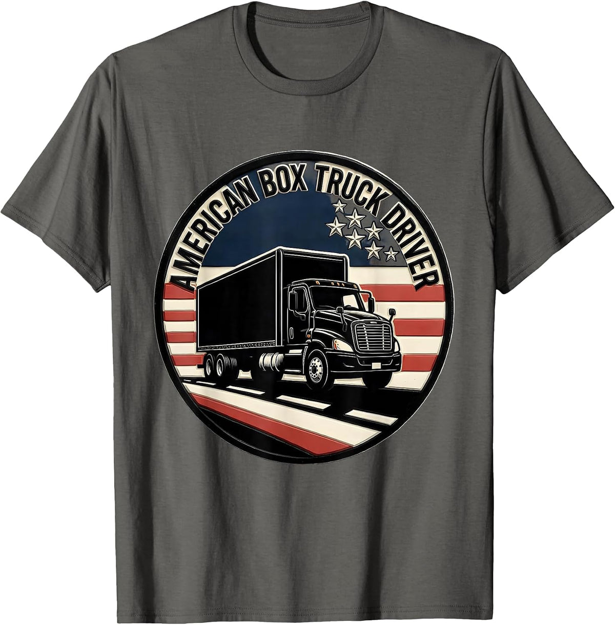 Men's American Box Truck Driver Patriotic Trucker Pride Linocut T-Shirt - Asphalt Grey