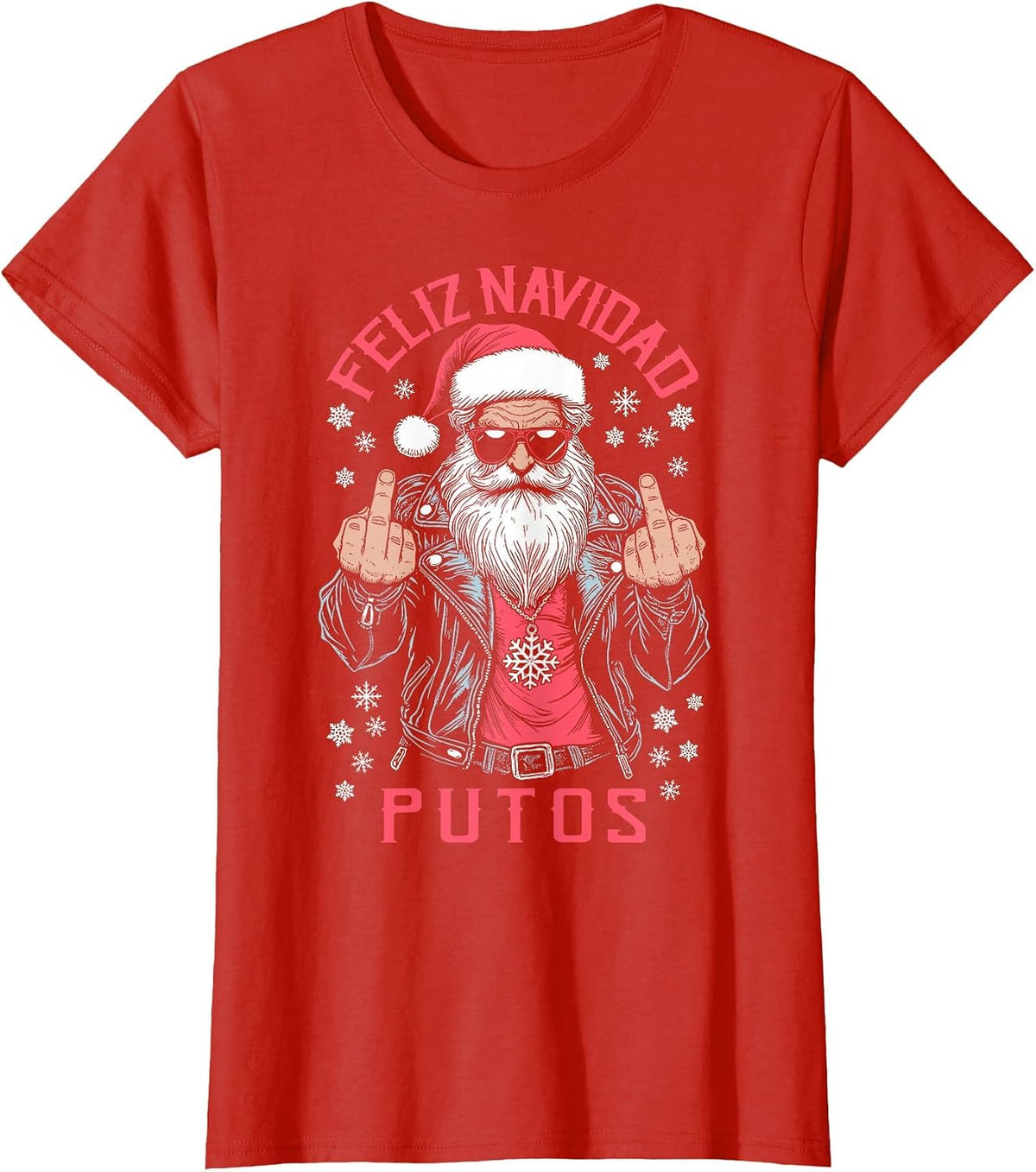 Feliz Navidad Putos Funny Rude Spanish Santa Middle Finger T-Shirt - Red