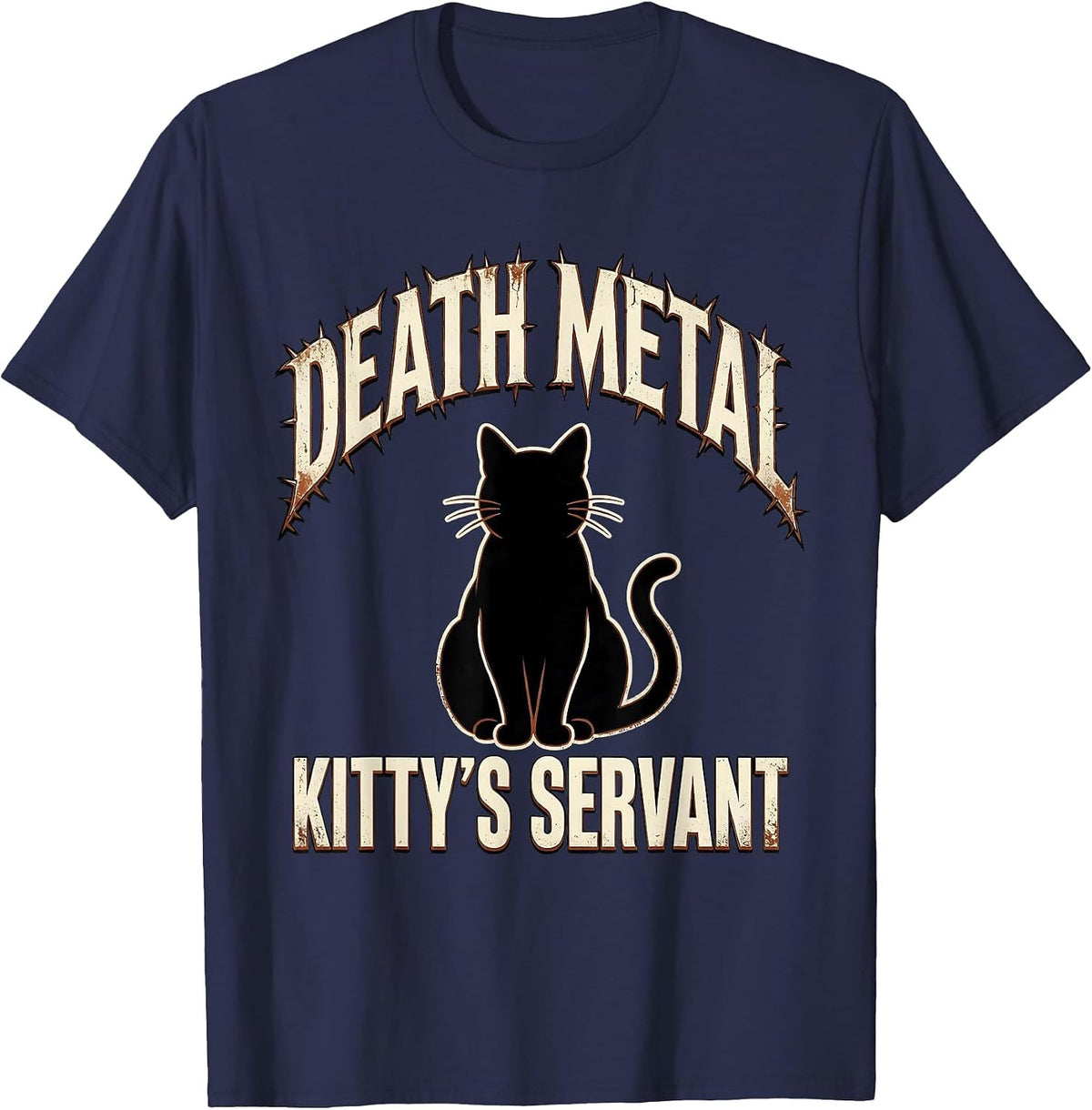 Men's Death Metal Kitty's Servant Distressed Funny Metalhead Cat T-Shirt - Navy Blue