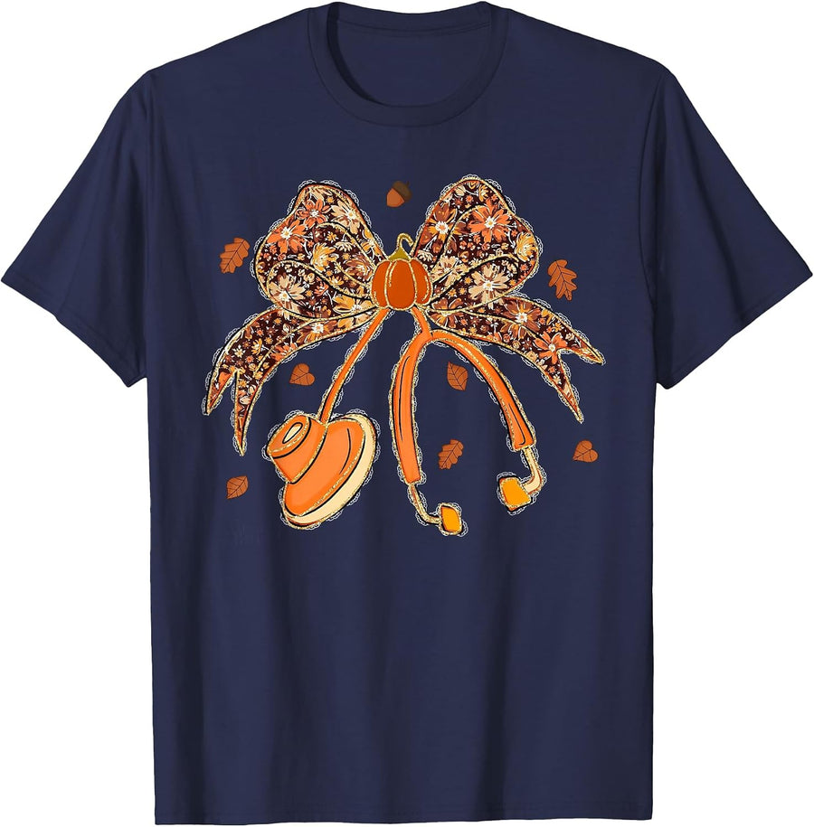 Nurse Coquette Bow Stethoscope Leaves Thanksgiving Autumn T-Shirt - Navy Blue