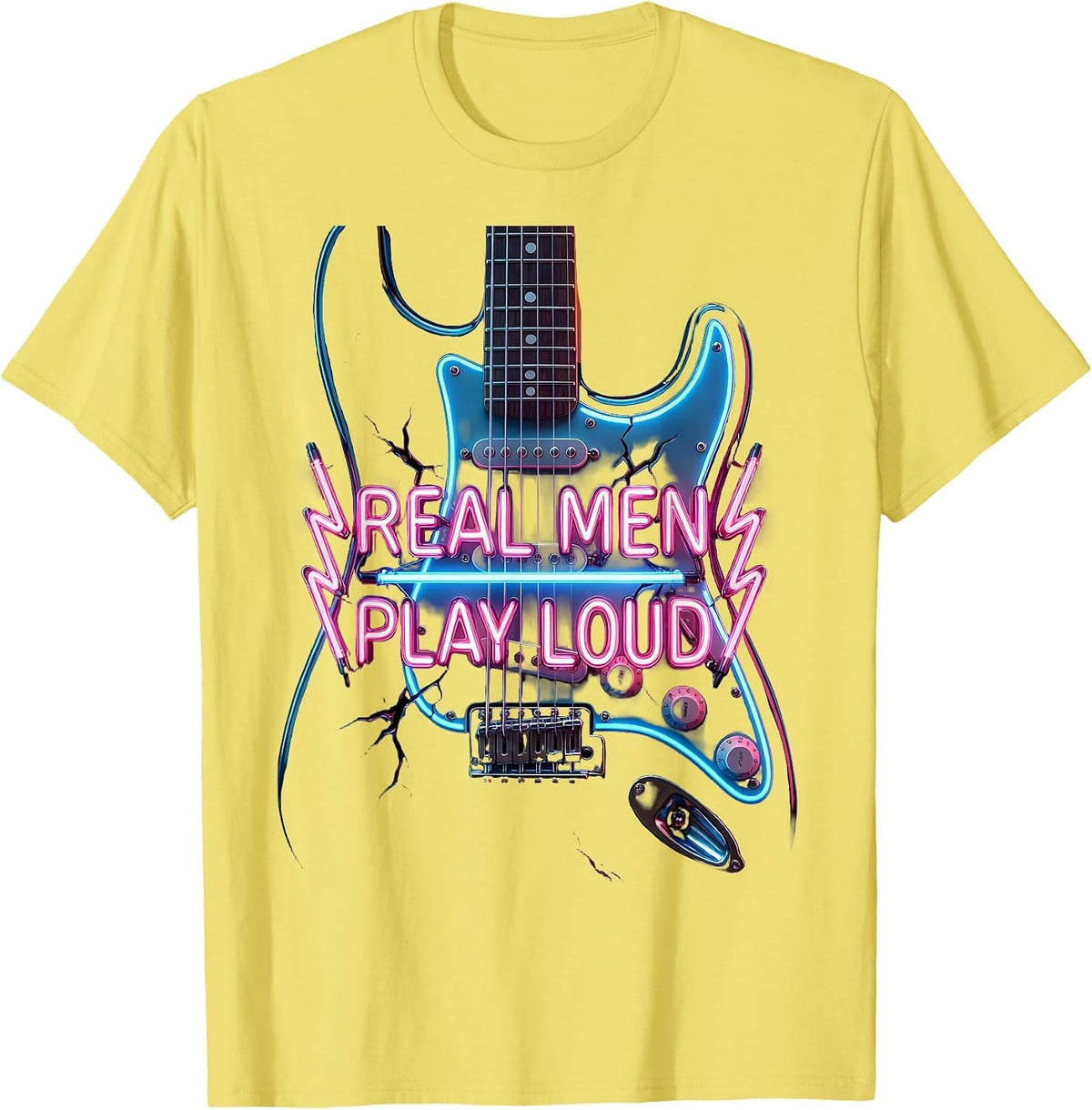 Men's Real Men Play Loud Rock Music Graphic Design T-Shirt - Lemon Yellow