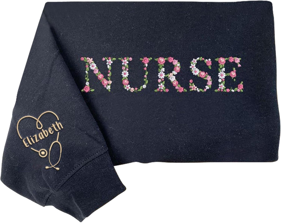IZI POD Custom Nurse Embroidered Crewneck Sweatshirt For Women, Embroidered Nursing Gifts, Personalized Name Nurse