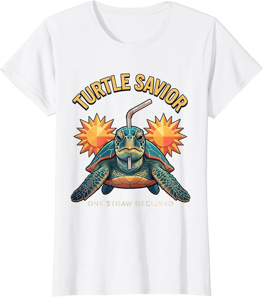 Women's Turtle Savior, One Straw Declined Funny Sea Turtle Plastic T-Shirt - White