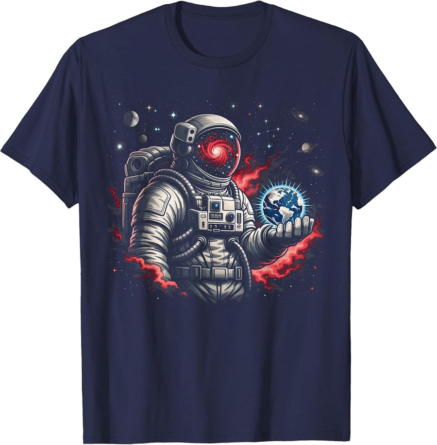 Astronaut Earth Science Space Galaxy Cosmic Universe T-Shirt - Navy Blue