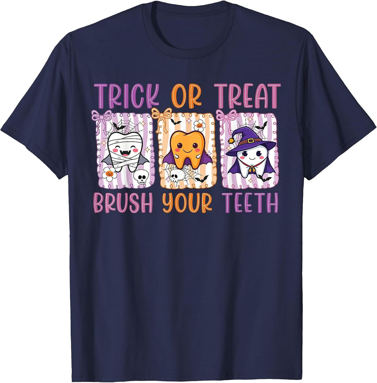 Trick Or Treat Brush Your Teeth Dental Hygienist Halloween T-Shirt - Navy Blue