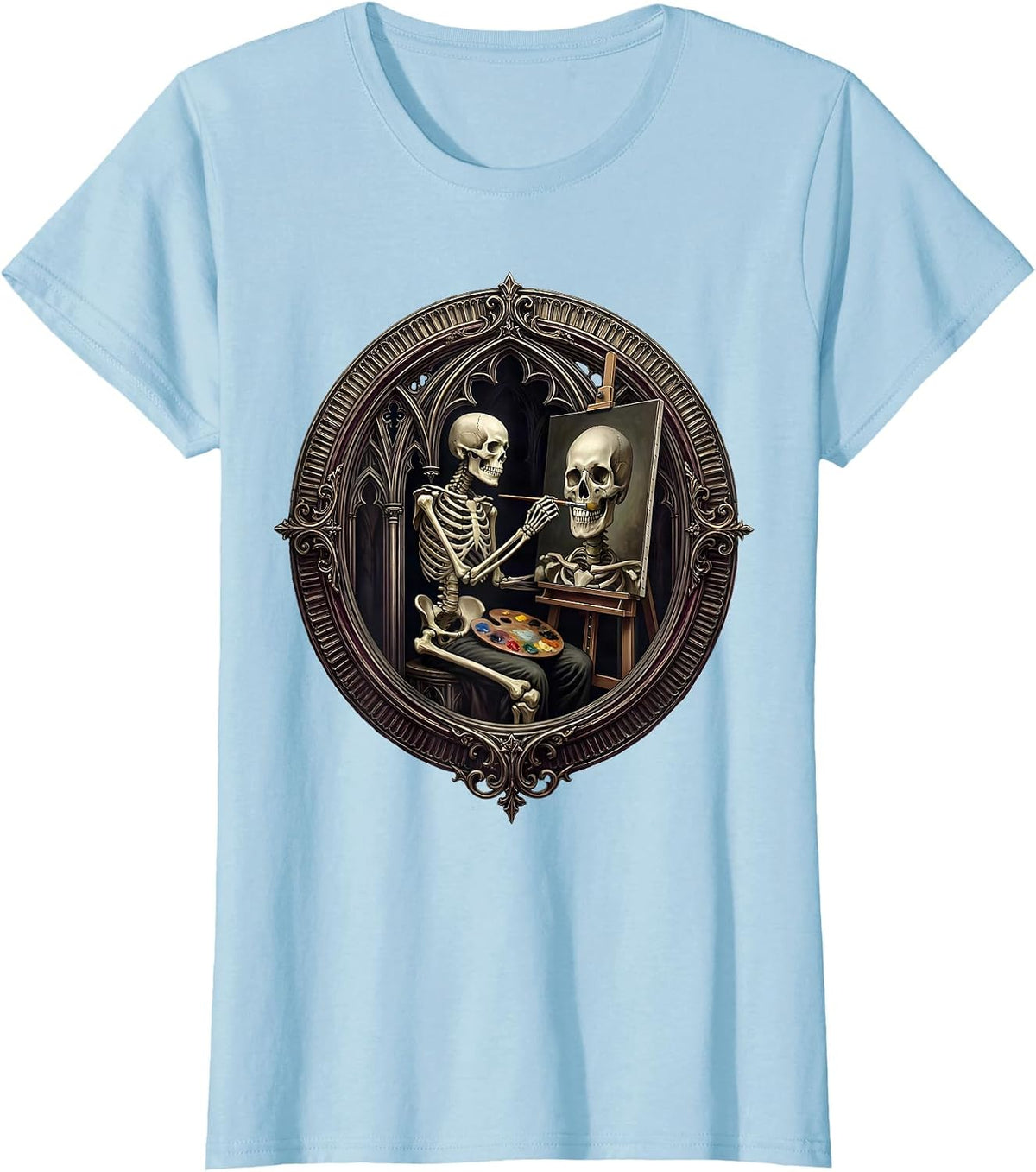 Skeleton Self-Portrait Painter Graphic Art T-Shirt - Baby Blue