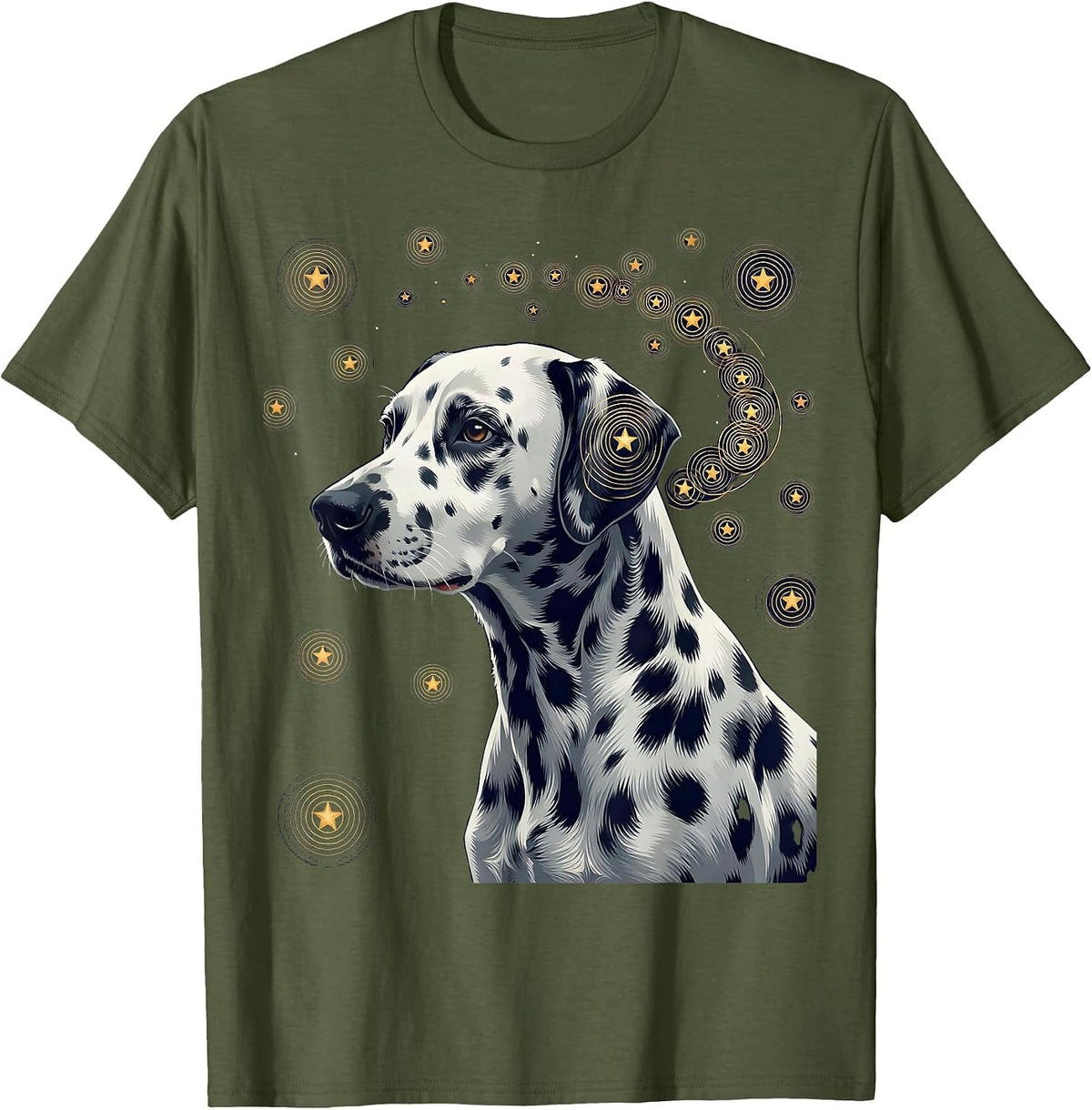 Men's Dalmatian Van Gogh Style Starry Night Art Portrait T-Shirt - Olive Green