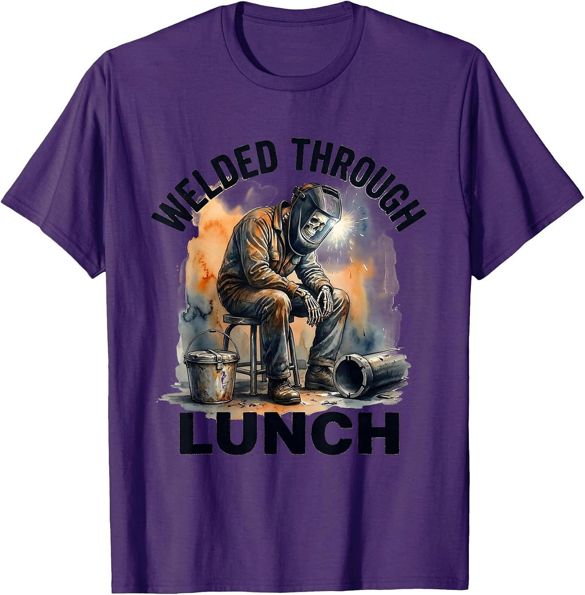 Welded Through Lunch Funny Welder Skeleton Tradesman Humor T-Shirt - Purple