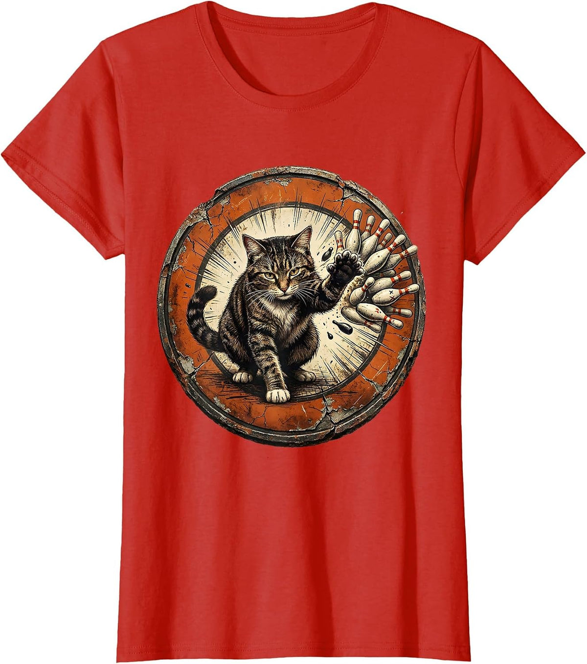 Cat Bowling Strike Funny Kitten Sports Humor T-Shirt - Red