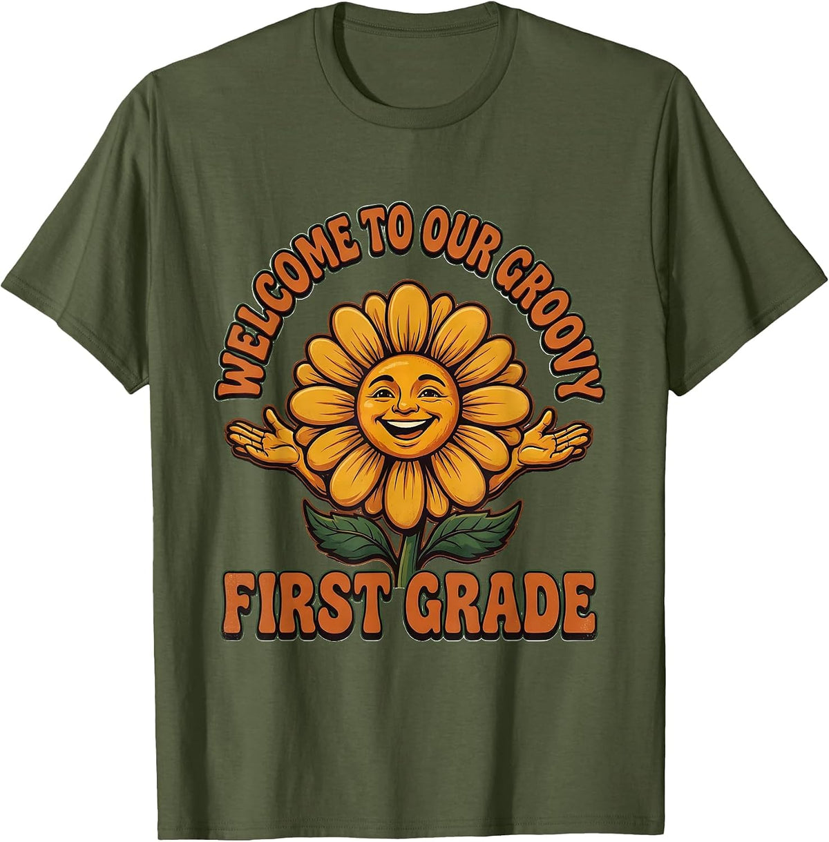 Welcome To Our Groovy First Grade Vintage Retro Back T-Shirt - Olive Green