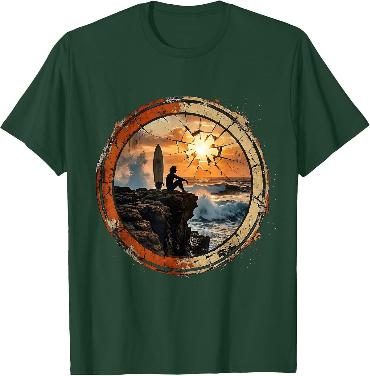 Surfer Meditating on Rocky Cliff Graphic Tee T-Shirt - Dark Green