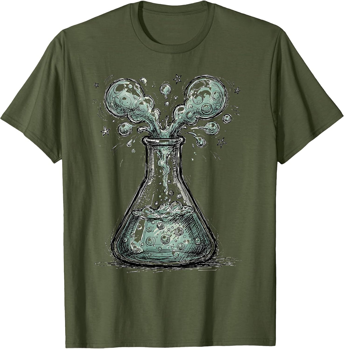 Chemistry Flask Bubbling Colorful Liquid Science Art T-Shirt - Olive Green