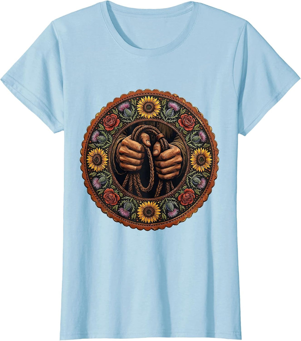 Black Cowgirl Bridle Reins Close-Up Graphic T-Shirt - Baby Blue